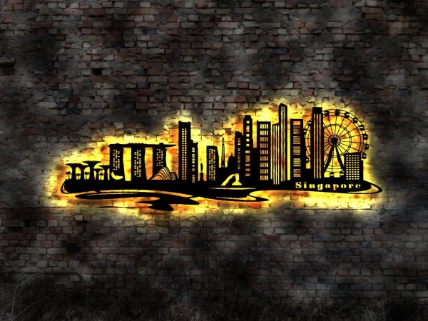 Singapur Stadt LED Wandbild Skyline aus Holz