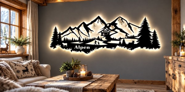 Alpen 3D LED Silhouetten Skyline Wandbild aus Holz
