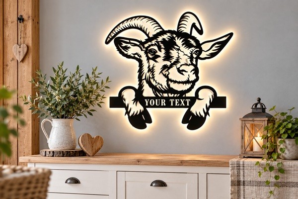 3D LED Wandbild Ziege aus Holz mit Wunschtext