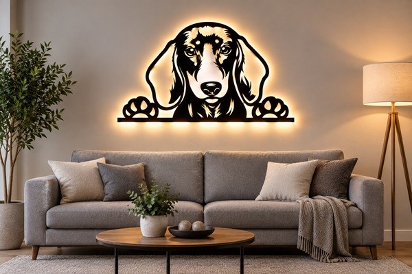 Dackel 3D-Wandbild aus Holz mit LED Licht