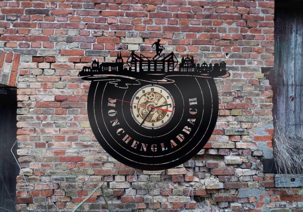 3D LED Wandbild Mönchengladbach Skyline aus schwarz lackiertem Holz